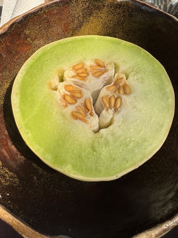 A honeydew melon in a handmade ceramic bowl.
